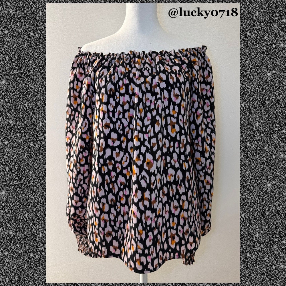 Sanctuary NWT Off Shoulder Black Leopard Print Blouse Smocked Sleeve Top Sz S